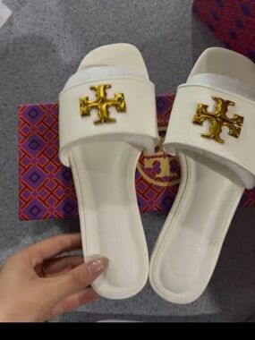 Tory Burch White Logo Slide Sandals ANY SIZE AVAILABLE